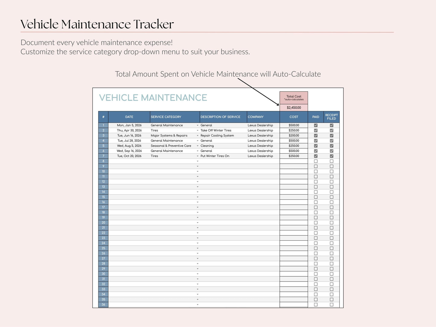 Vehicle Expense & Mileage Log Tracker