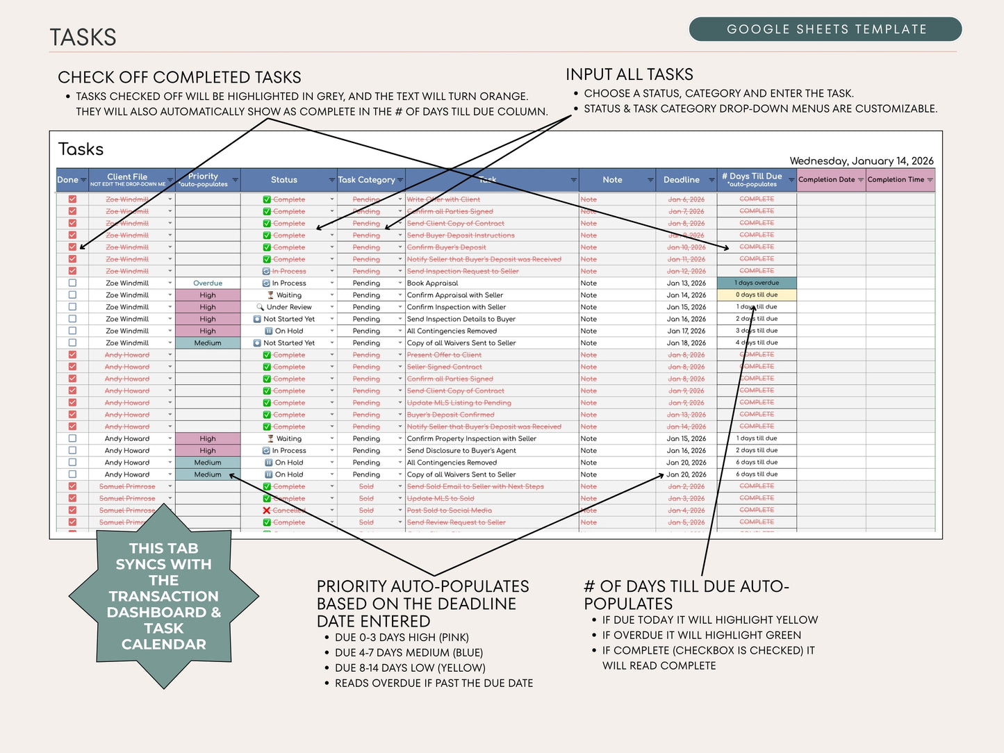 Real Estate Transaction Manager | Under Contract to Sold Google Sheets System