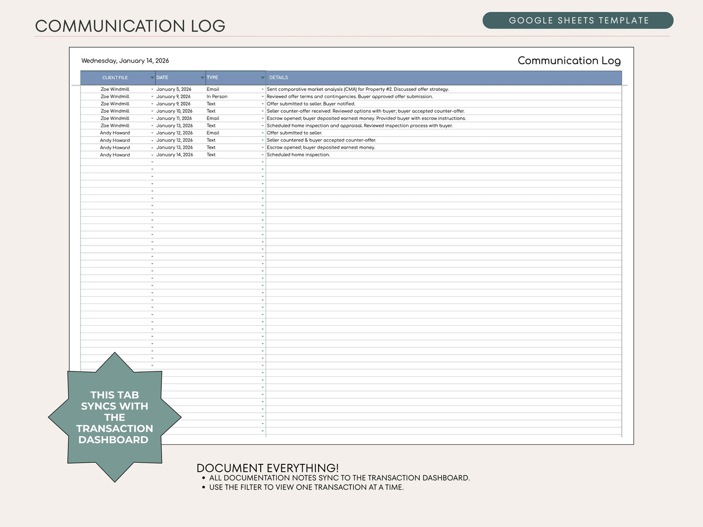 Real Estate Transaction Manager | Under Contract to Sold Google Sheets System
