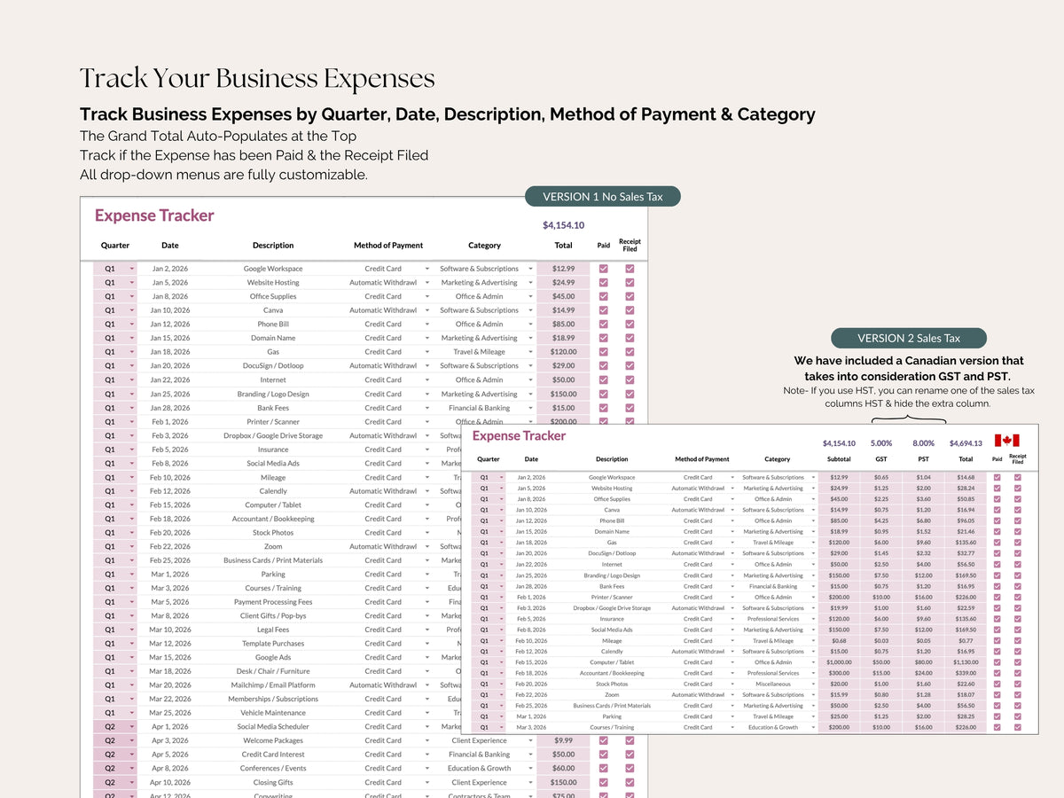TC Business Bookkeeping Tracker — Google Sheets with Auto-Invoice