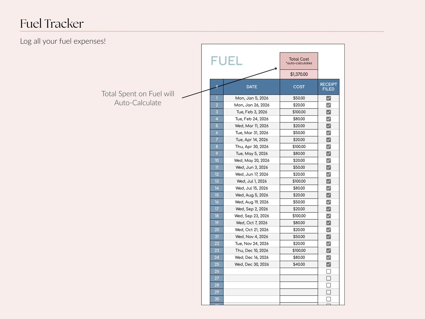 Vehicle Expense & Mileage Log Tracker