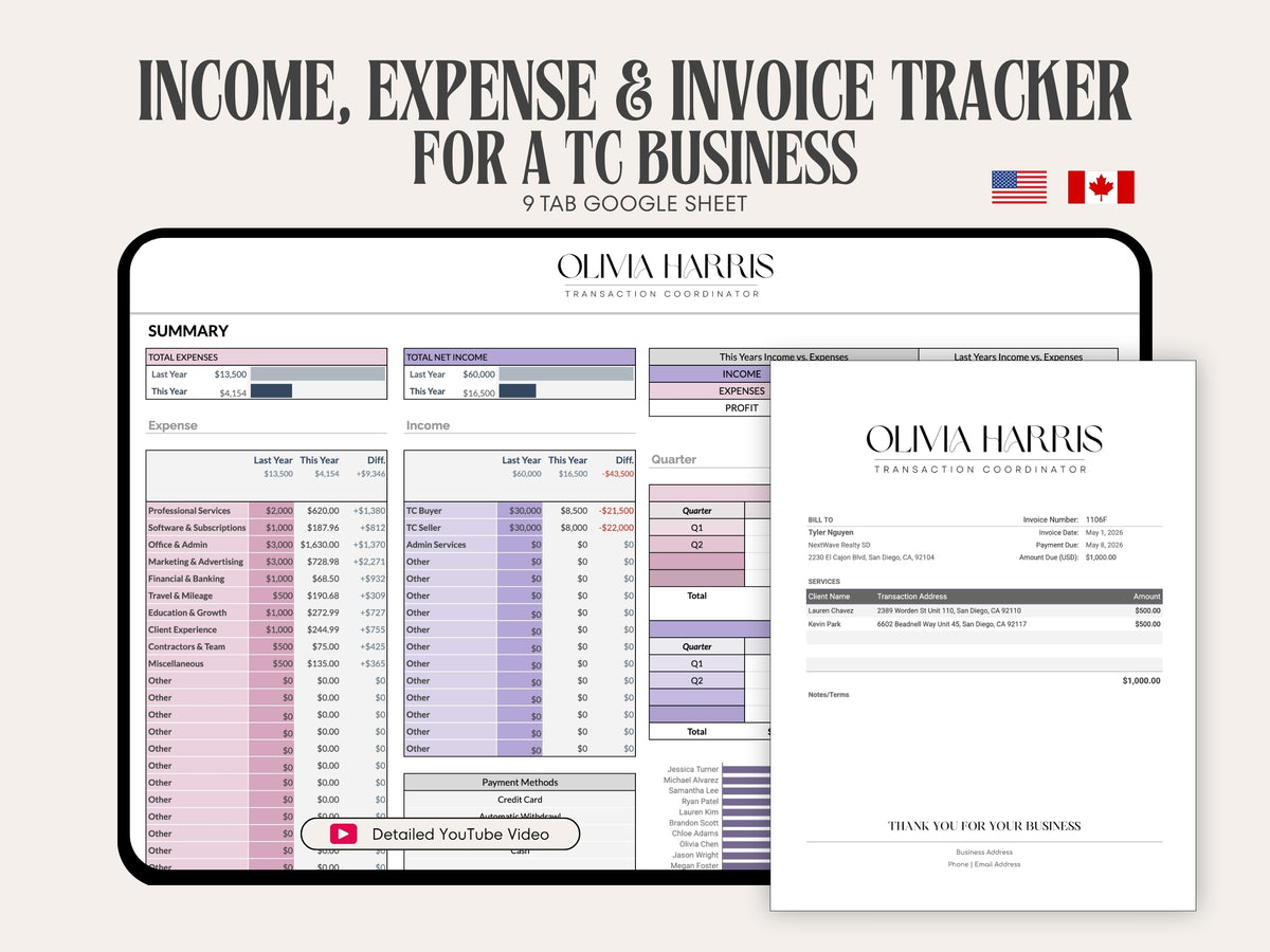 TC Business Bookkeeping Tracker — Google Sheets with Auto-Invoice