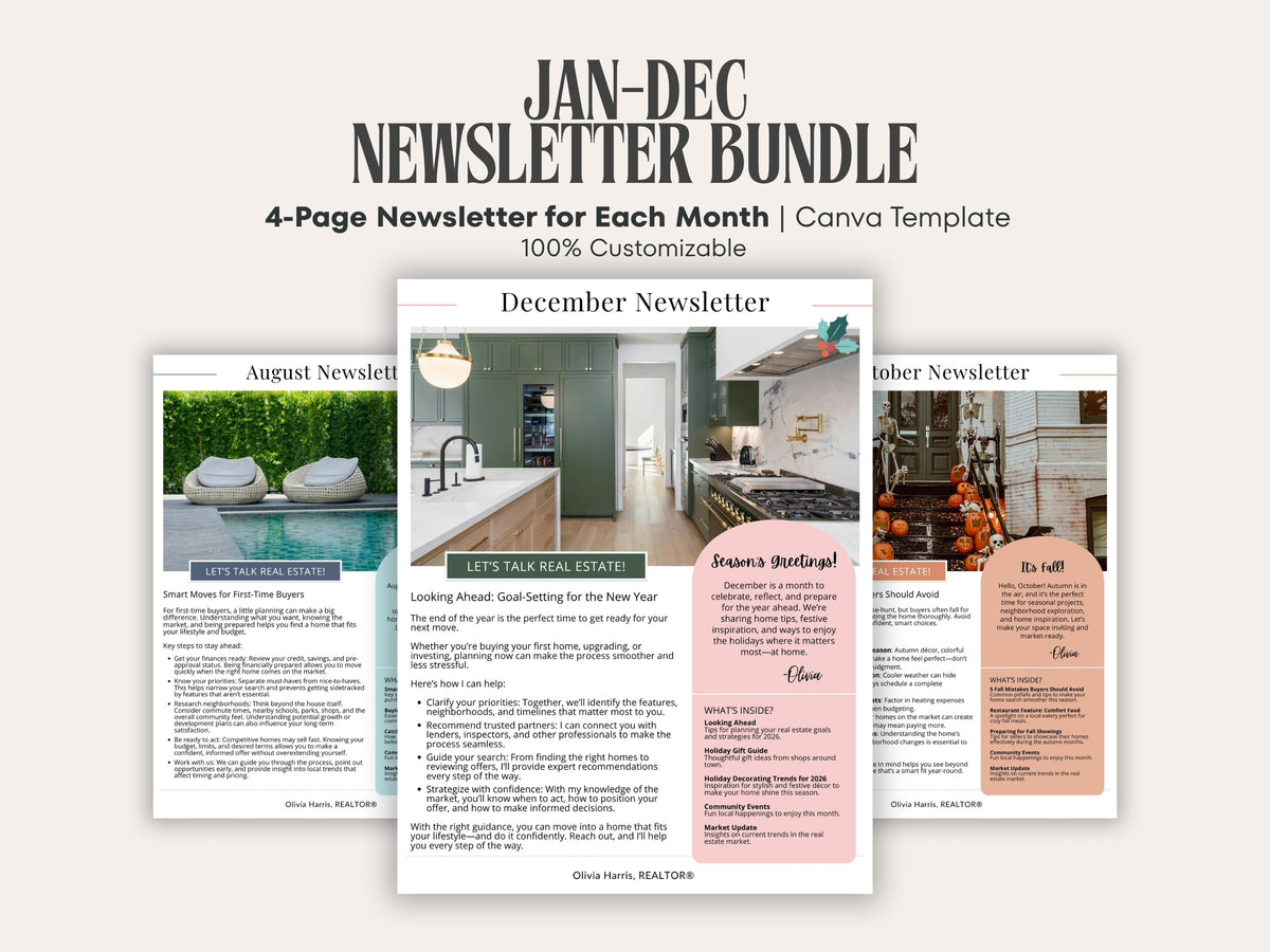 Real Estate Newsletter Bundle | 12-Month Canva Templates for Agents