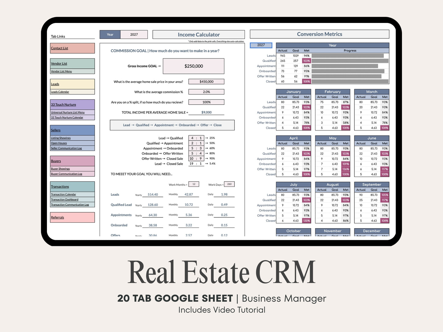 Real Estate CRM: 20-Tab Google Sheets System