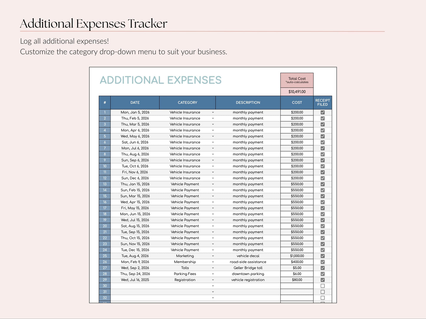 Vehicle Expense & Mileage Log Tracker