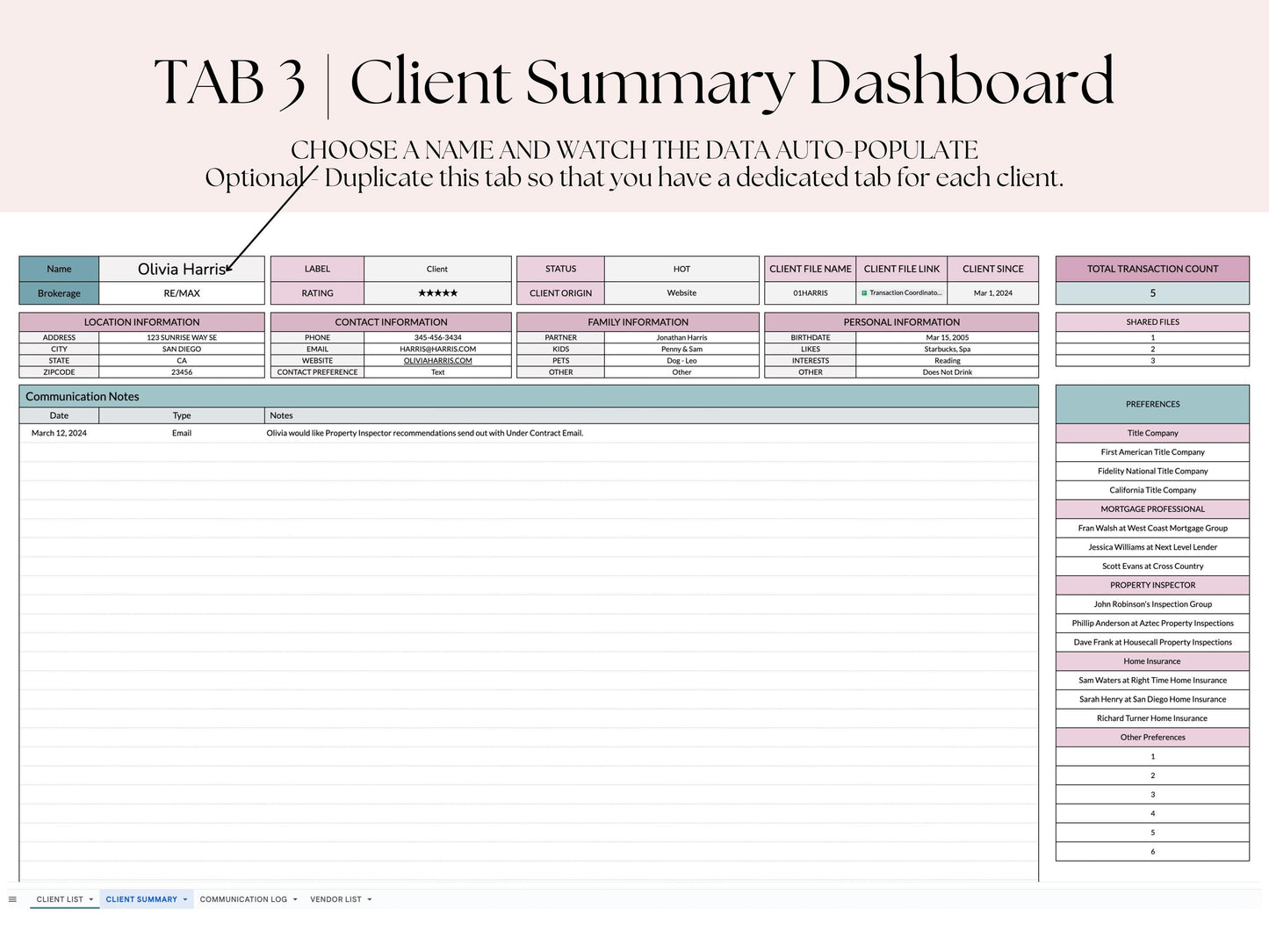 Transaction Coordinator Client List & Vendor List